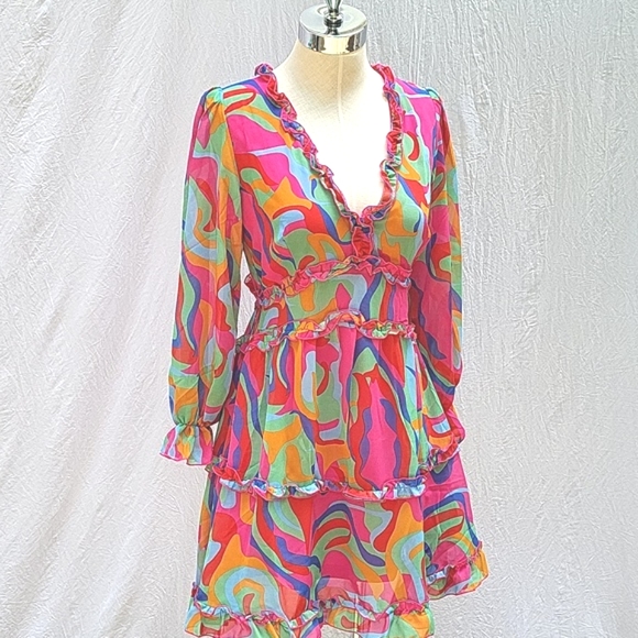 Ladies backless dress, v-neck, multicolor, sheer, lined, ruffle, boho,  M - Picture 2 of 14